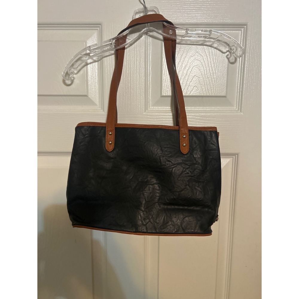 Rosetti Black Brown Faux Leather Tote Bag Textured Shoulder Purse